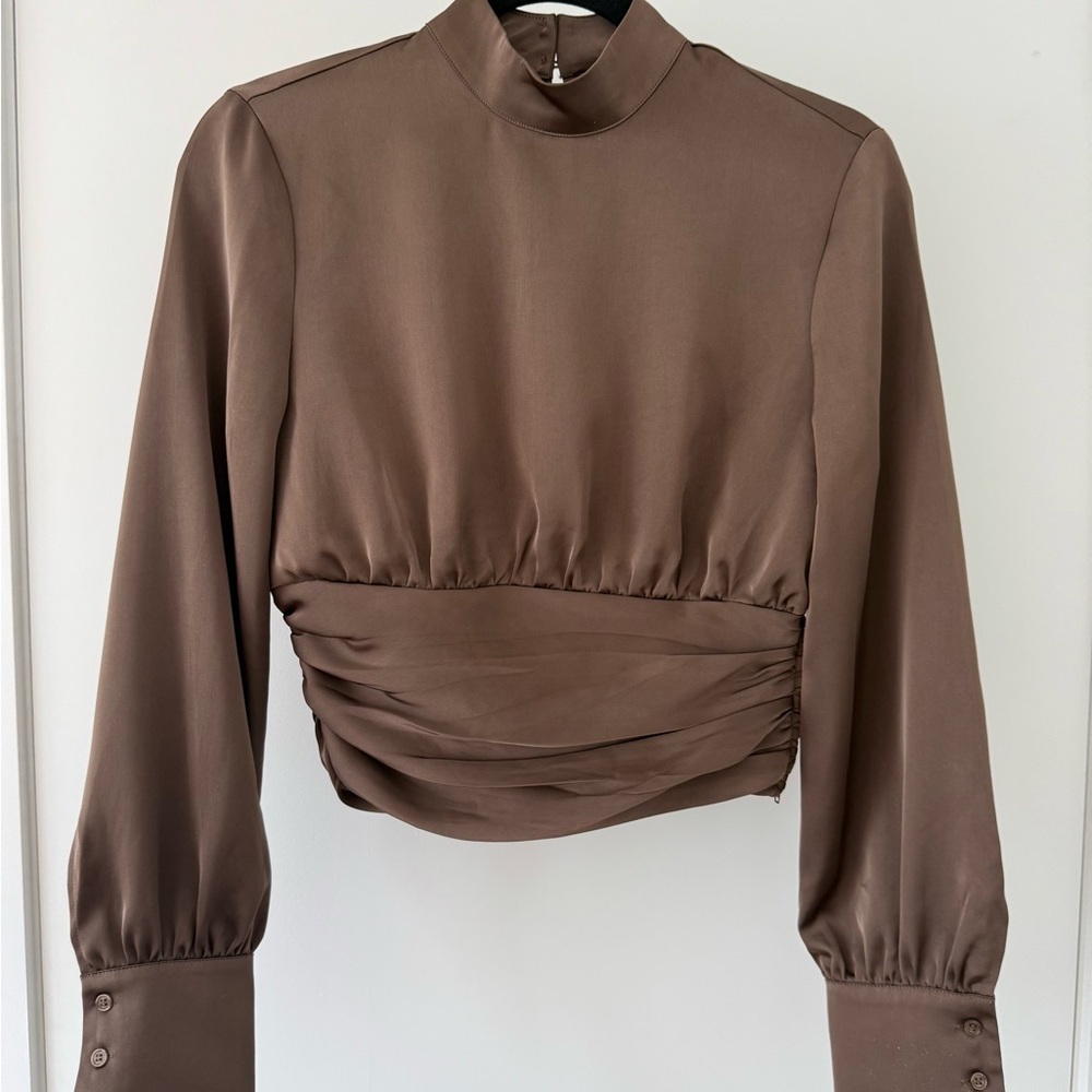 NWOT House of Harlow 1960 Brown Puff Sleeve Crop Blouse